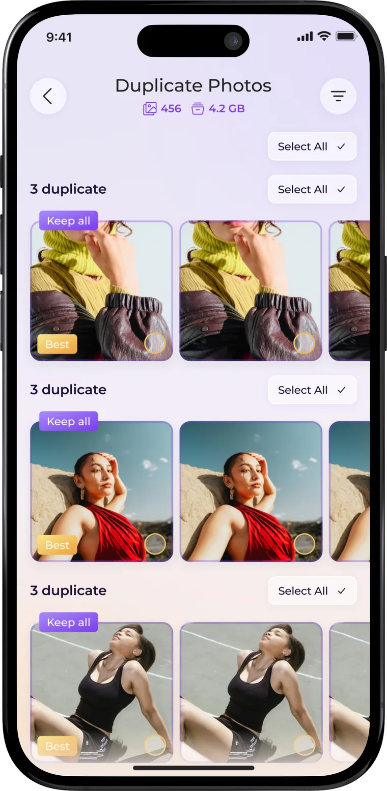 Duplicate photos review screen